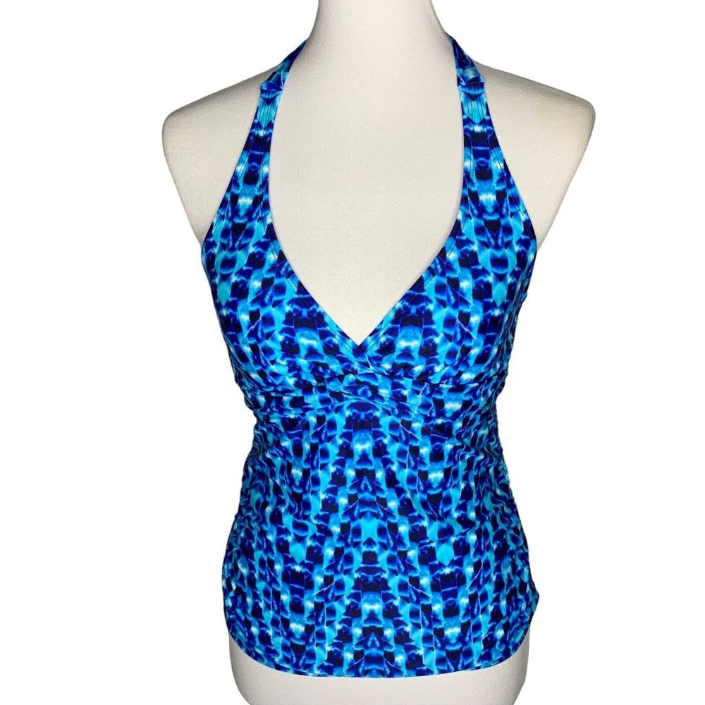 Athleta Tie Dye Tara Halter Tankini Top Size 34B/C Blue Hooks In Back